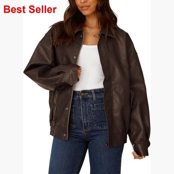 Jackets & Blazers - Faux Leather Motorcycle Jacket Oversized Zip Up Winter Coat Outerwear